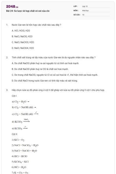 Bài 24: Sơ lược về hợp chất có oxi của clo