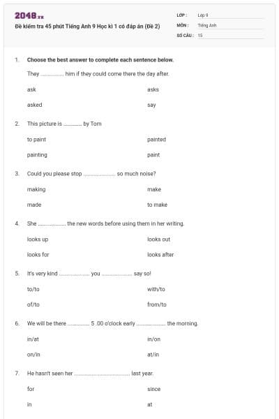 Đề kiểm tra 45 phút Tiếng Anh 9 Học kì 1 có đáp án (Đề 2)