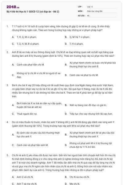 Bộ 4 Đề thi Học kì 1 GDCD 12 (có đáp án - Đề 2)