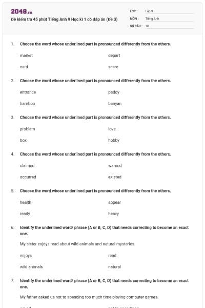 Đề kiểm tra 45 phút Tiếng Anh 9 Học kì 1 có đáp án (Đề 3)