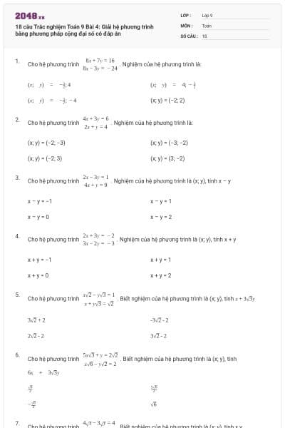 18 câu Trắc nghiệm Toán 9 Bài 4: Giải hệ phương trình bằng phương pháp cộng đại số có đáp án