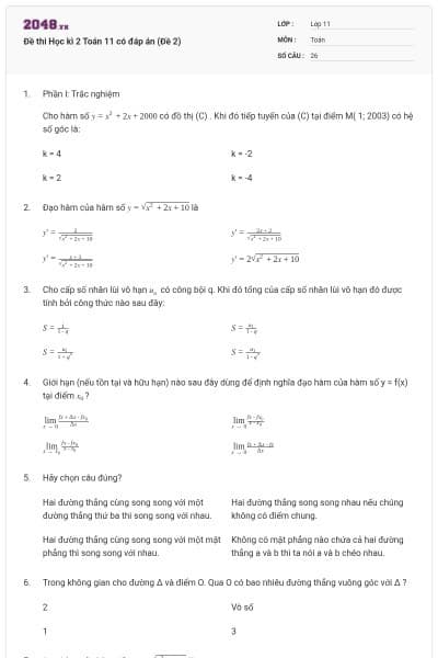 Đề thi Học kì 2 Toán 11 có đáp án (Đề 2)