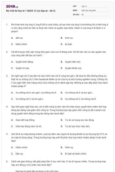 Bộ 4 Đề thi Học kì 1 GDCD 12 (có đáp án - Đề 3)