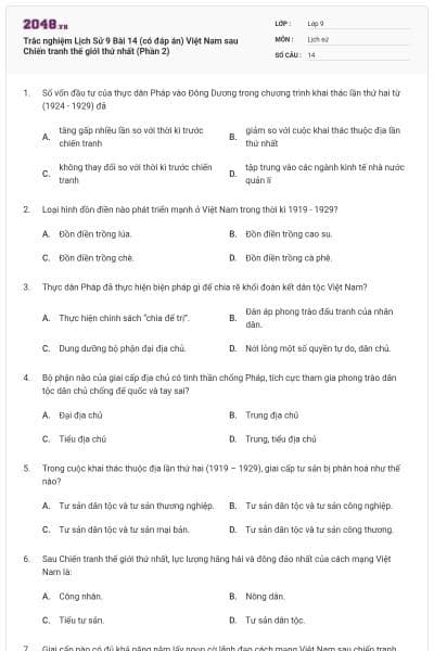 Trắc nghiệm Lịch Sử 9 Bài 14 (có đáp án) Việt Nam sau Chiến tranh thế giới thứ nhất (Phần 2)