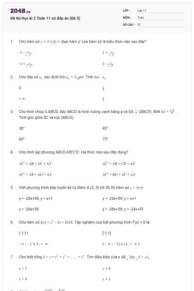 Đề thi Học kì 2 Toán 11 có đáp án (Đề 3)