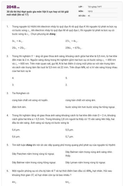 30 đề thi thử thpt quốc gia môn Vật lí cực hay có lời giải mới nhất (Đề số 17)