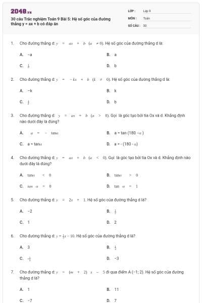 30 câu Trắc nghiệm Toán 9 Bài 5: Hệ số góc của đường thẳng y = ax + b có đáp án