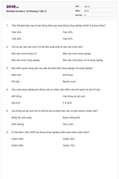 Đề kiểm tra Địa Lí 10 Chương 7 (Đề 1)