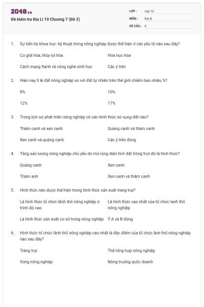 Đề kiểm tra Địa Lí 10 Chương 7 (Đề 2)