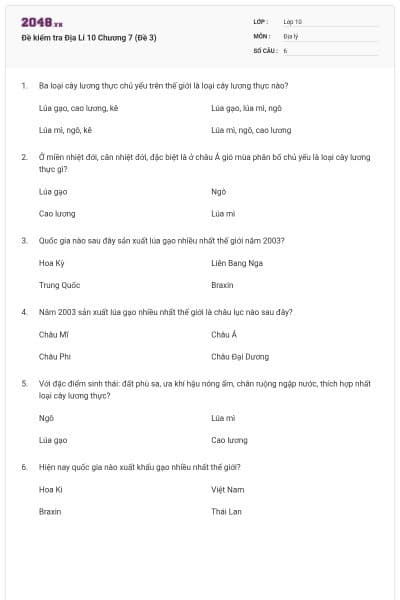 Đề kiểm tra Địa Lí 10 Chương 7 (Đề 3)