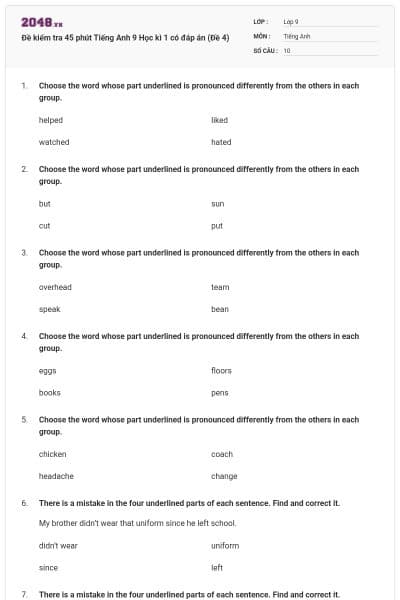 Đề kiểm tra 45 phút Tiếng Anh 9 Học kì 1 có đáp án (Đề 4)