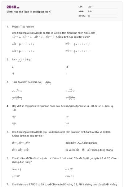 Đề thi Học kì 2 Toán 11 có đáp án (Đề 4)