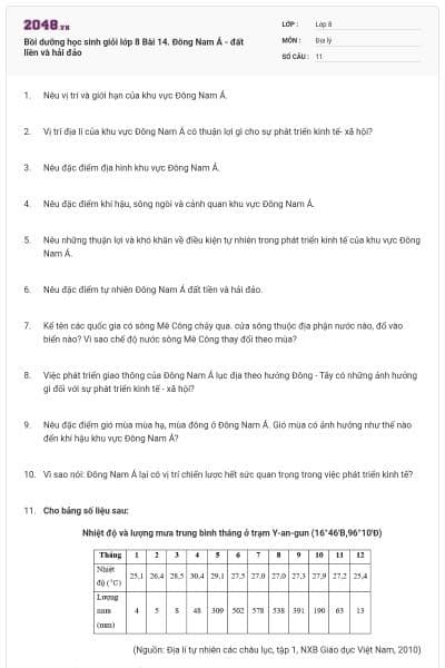 Bồi dưỡng học sinh giỏi lớp 8 Bài 14. Đông Nam Á - đất liền và hải đảo