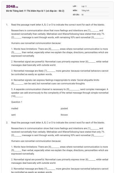 Đề thi Tiếng Anh 11 Thí điểm Học kì 1 (có đáp án - Đề 2)