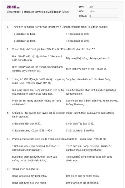 Đề kiểm tra 15 phút Lịch Sử 9 Học kì 2 có đáp án (Đề 2)