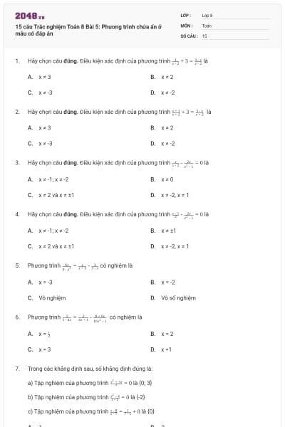 15 câu Trắc nghiệm Toán 8 Bài 5: Phương trình chứa ẩn ở mẫu có đáp án