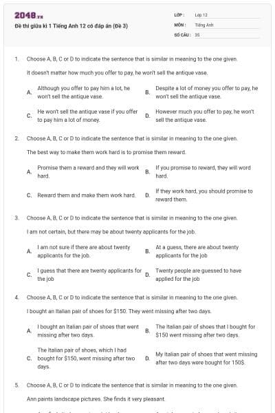 Đề thi giữa kì 1 Tiếng Anh 12 có đáp án (Đề 3)