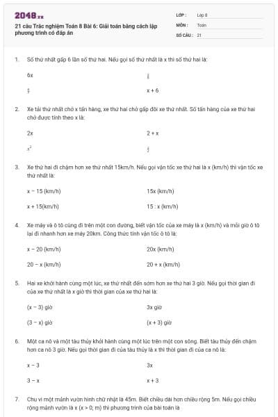 21 câu Trắc nghiệm Toán 8 Bài 6: Giải toán bằng cách lập phương trình có đáp án