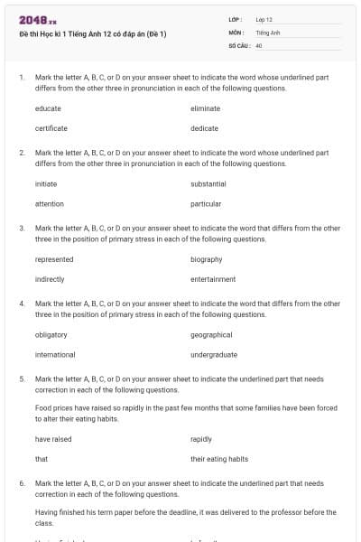 Đề thi Học kì 1 Tiếng Anh 12 có đáp án (Đề 1)