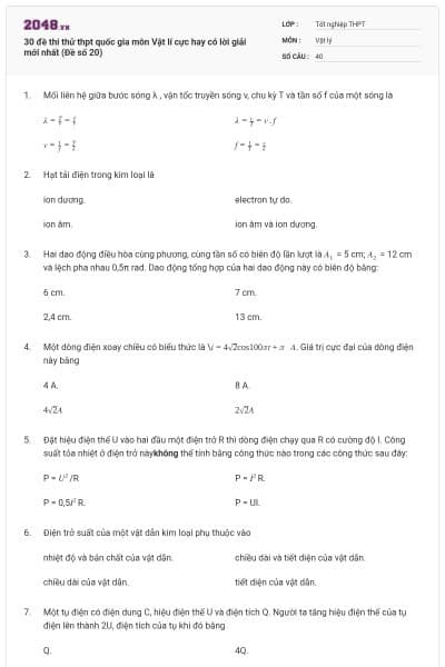30 đề thi thử thpt quốc gia môn Vật lí cực hay có lời giải mới nhất (Đề số 20)
