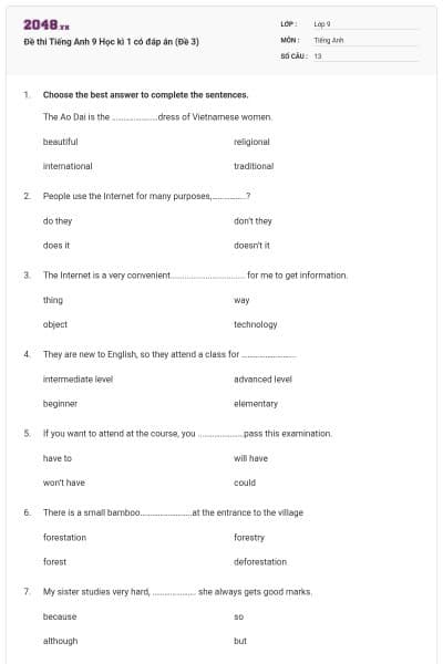 Đề thi Tiếng Anh 9 Học kì 1 có đáp án (Đề 3)