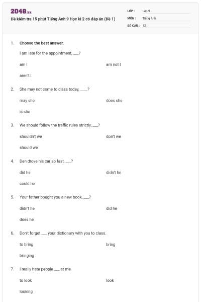 Đề kiểm tra 15 phút Tiếng Anh 9 Học kì 2 có đáp án (Đề 1)