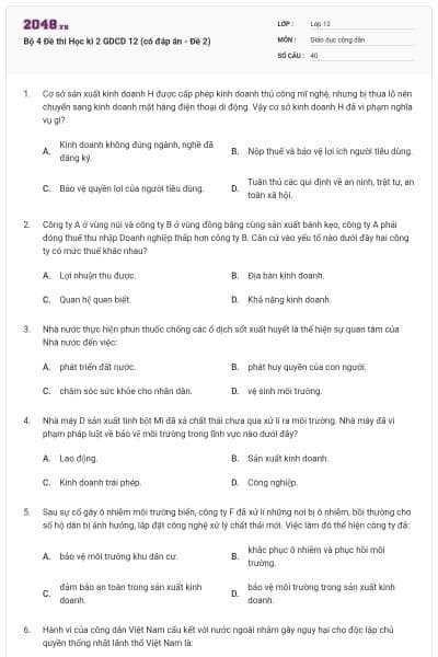 Bộ 4 Đề thi Học kì 2 GDCD 12 (có đáp án - Đề 2)