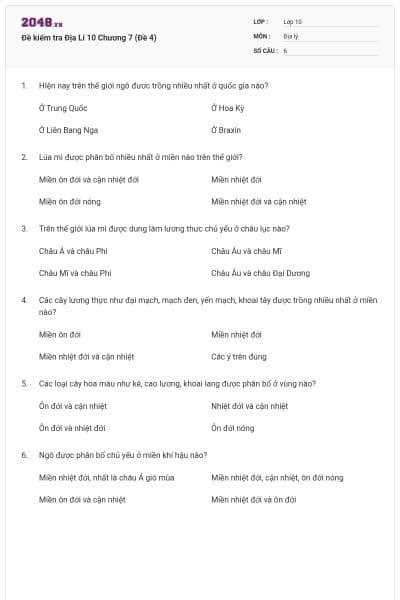 Đề kiểm tra Địa Lí 10 Chương 7 (Đề 4)