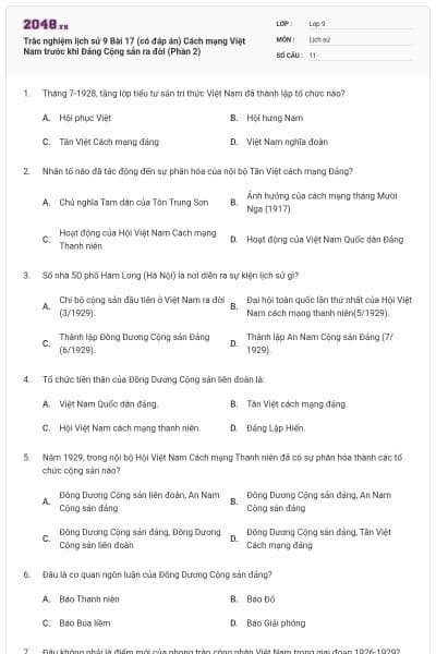 Trắc nghiệm lịch sử 9 Bài 17 (có đáp án) Cách mạng Việt Nam trước khi Đảng Cộng sản ra đời (Phần 2)