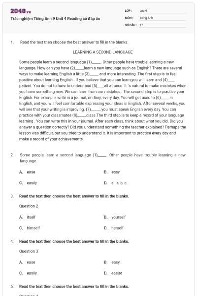 Trắc nghiệm Tiếng Anh 9 Unit 4 Reading có đáp án