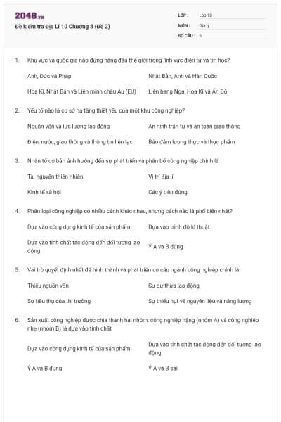 Đề kiểm tra Địa Lí 10 Chương 8 (Đề 2)
