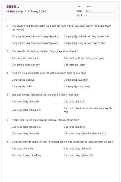 Đề kiểm tra Địa Lí 10 Chương 8 (Đề 3)