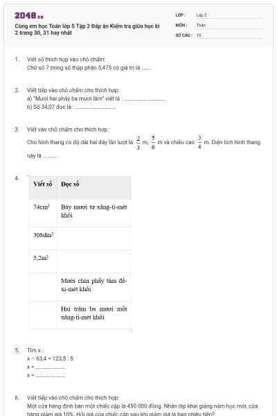 Cùng em học Toán lớp 5 Tập 2 Đáp án Kiểm tra giữa học kì 2 trang 30, 31 hay nhất