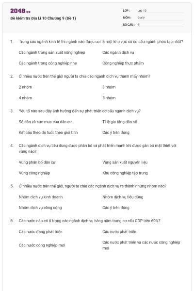 Đề kiểm tra Địa Lí 10 Chương 9 (Đề 1)