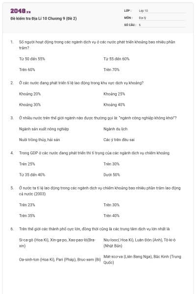 Đề kiểm tra Địa Lí 10 Chương 9 (Đề 2)