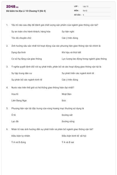Đề kiểm tra Địa Lí 10 Chương 9 (Đề 4)