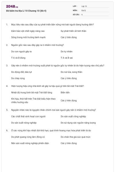 Đề kiểm tra Địa Lí 10 Chương 10 (Đề 4)