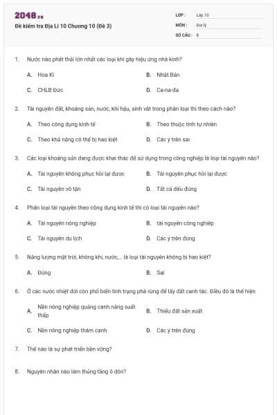 Đề kiểm tra Địa Lí 10 Chương 10 (Đề 3)