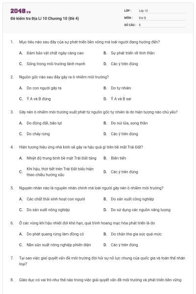 Đề kiểm tra Địa Lí 10 Chương 10 (Đề 4)