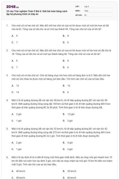33 câu Trắc nghiệm Toán 9 Bài 6: Giải bài toán bằng cách lập hệ phương trình có đáp án