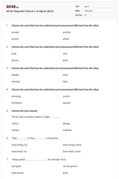 Đề thi Tiếng Anh 9 Học kì 1 có đáp án (Đề 5)