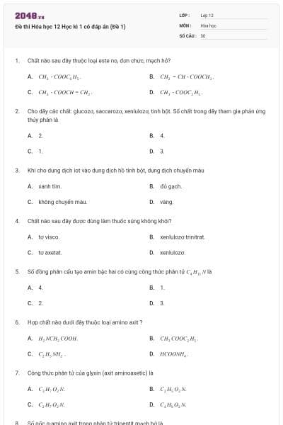 Đề thi Hóa học 12 Học kì 1 có đáp án (Đề 1)