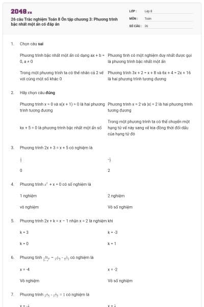 26 câu Trắc nghiệm Toán 8 Ôn tập chương 3: Phương trình bậc nhất một ẩn có đáp án