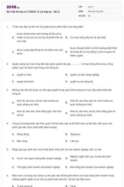 Bộ 4 Đề thi Học kì 2 GDCD 12 (có đáp án - Đề 3)