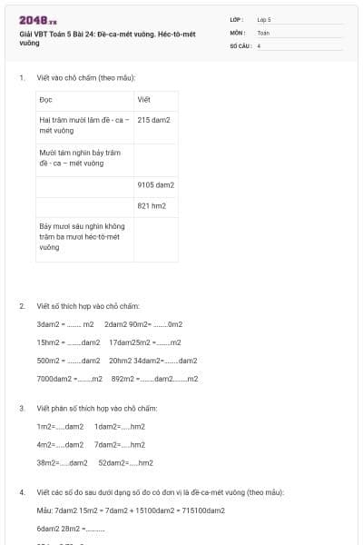 Giải VBT Toán 5 Bài 24: Đề-ca-mét vuông. Héc-tô-mét vuông