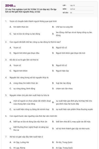 22 câu Trắc nghiệm Lịch Sử 10 Bài 12 (có đáp án): Ôn tập lịch sử thế giới thời nguyên thủy, cổ đại