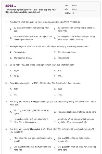 16 câu Trắc nghiệm Lịch sử 11 Bài 14 (có đáp án): Nhật Bản giữa hai cuộc chiến tranh thế giới