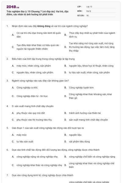 Trắc nghiệm Địa Lí 10 Chương 7 (có đáp án): Vai trò, đặc điểm, các nhân tố ảnh hưởng tới phát triển