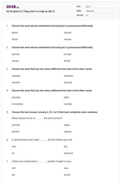 Đề thi giữa kì 2 Tiếng Anh 9 có đáp án (Đề 2)