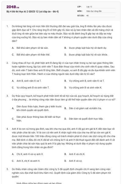 Bộ 4 Đề thi Học kì 2 GDCD 12 (có đáp án - Đề 4)